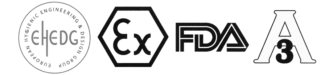 EHEDG, ATEX, FDA, 3-A logos